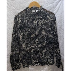 Chico's Long Sleeve Black Lace Button-Down Top/Blouse/Top Size 1‎